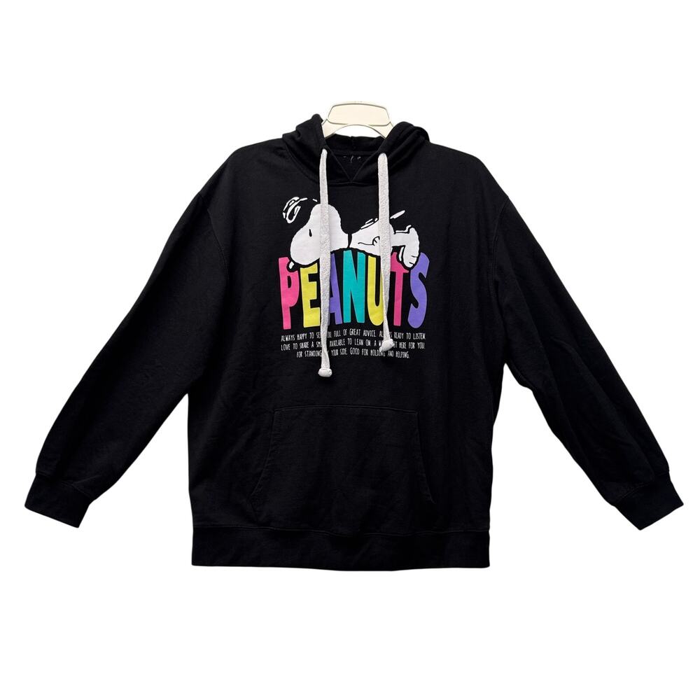 PEANUTS Always Happy Graphic Pullover Sweatshirt Hoodie Unisex Size XXL Black